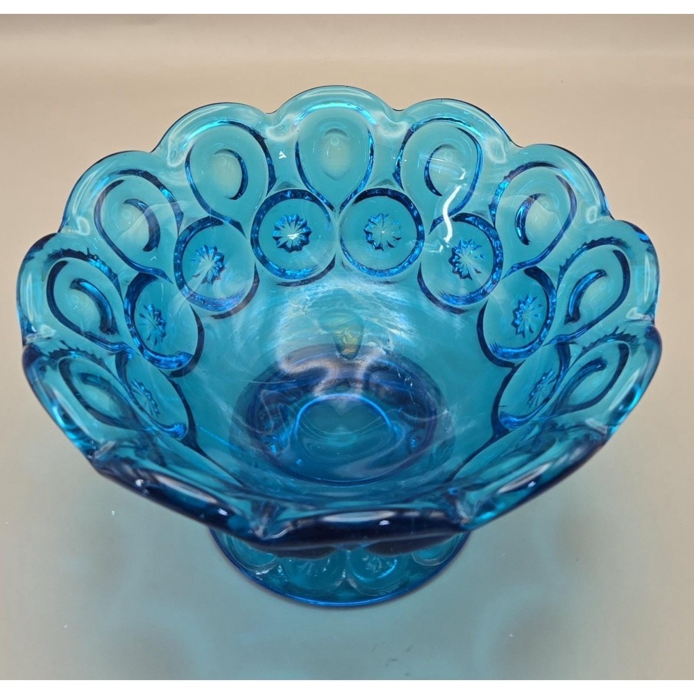 Vintage Bowl Turquoise/Blue L.E. Smith Scalloped Pedestal 'Moon & Stars' (#21) - Picture 9 of 9